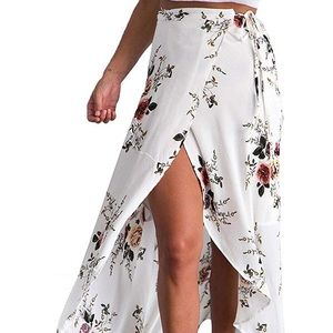 New White Floral Wrap Maxi Skirt